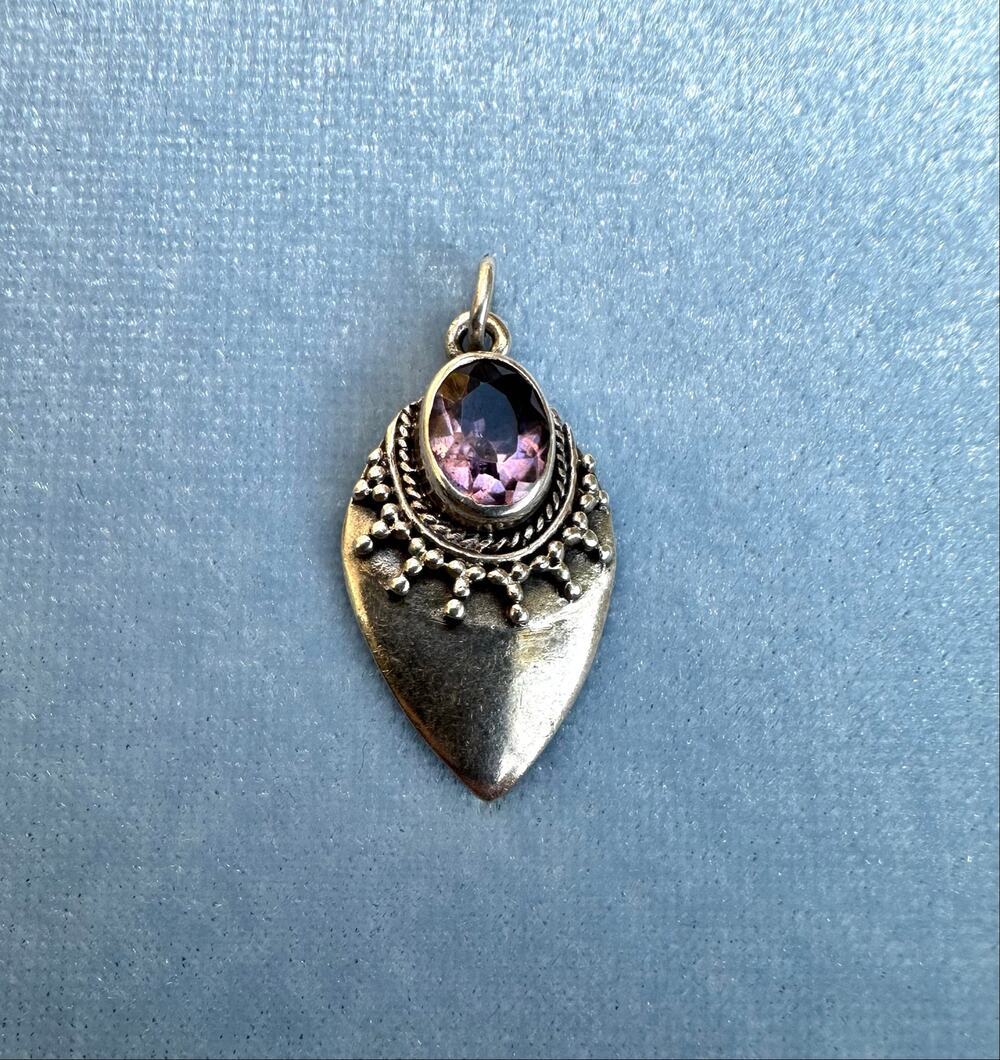 Vintage 925 Sterling Silver Amethyst Pendant Teardrop Boho Artisan Oval Stone